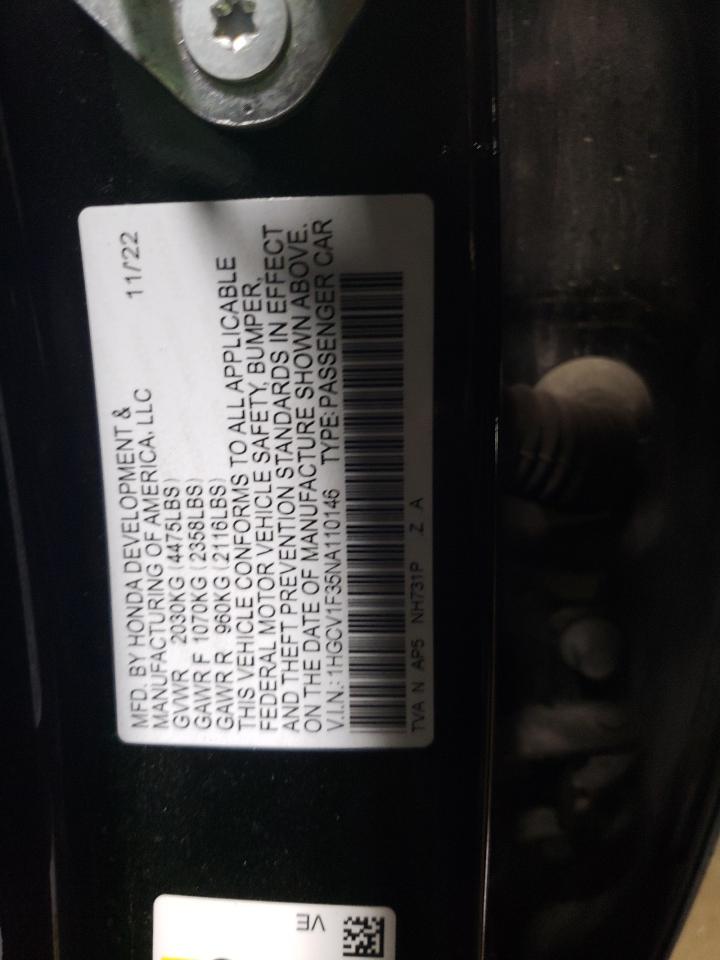 2022 HONDA ACCORD SPORT VIN:1HGCV1F35NA110146