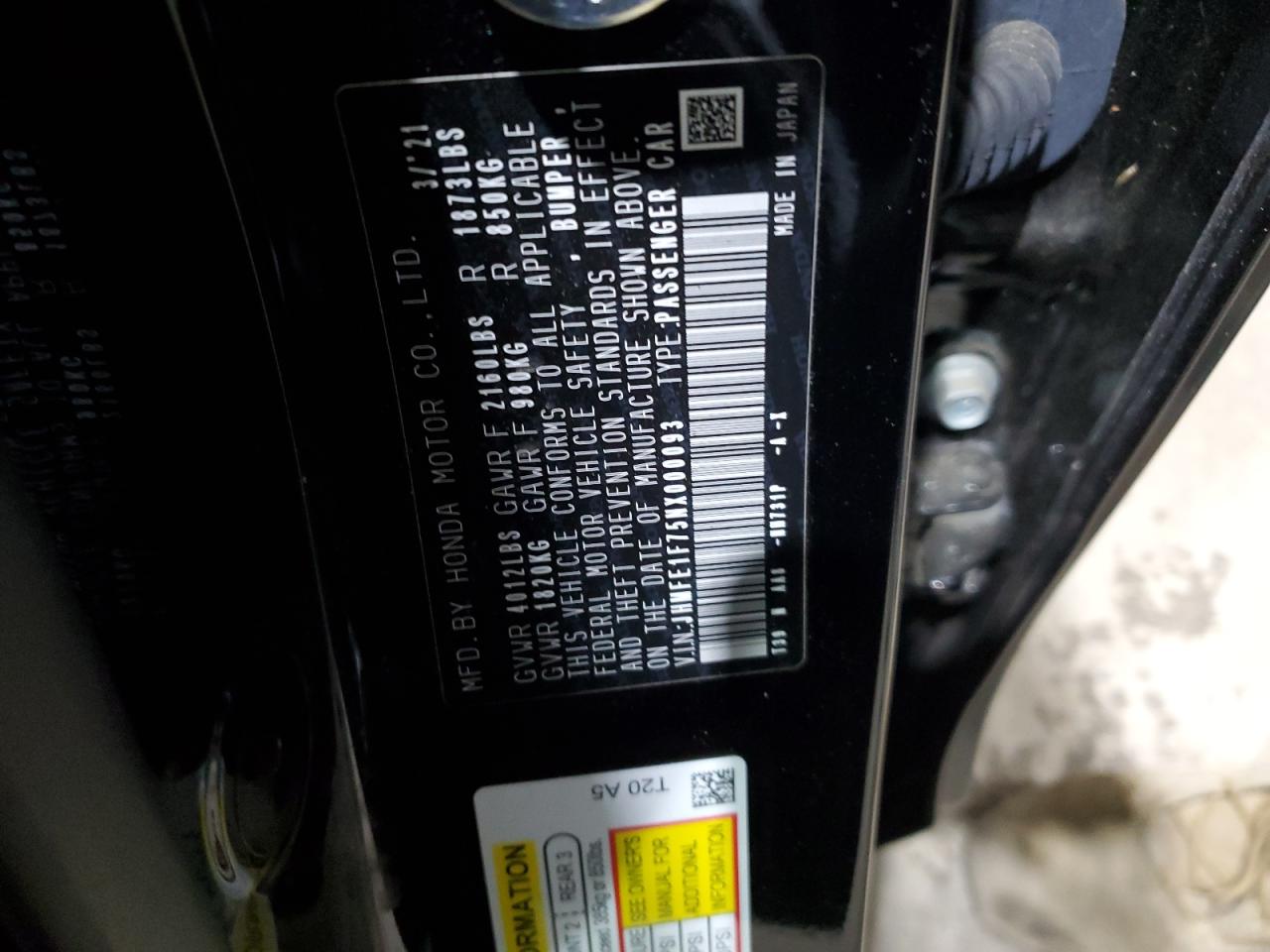 2022 HONDA CIVIC EX VIN:JHMFE1F75NX000093