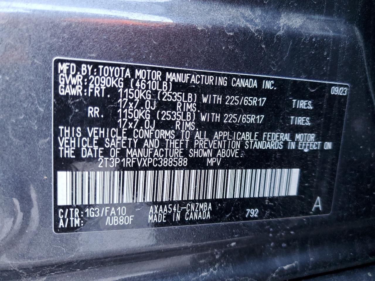 2023 TOYOTA RAV4 XLE VIN:2T3P1RFVXPC388588