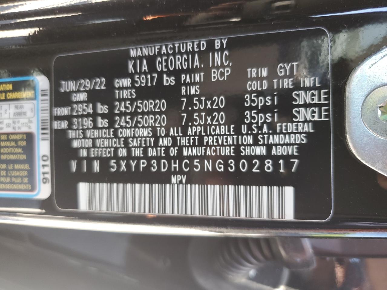 2022 KIA TELLURIDE EX VIN:5XYP3DHC5NG302817