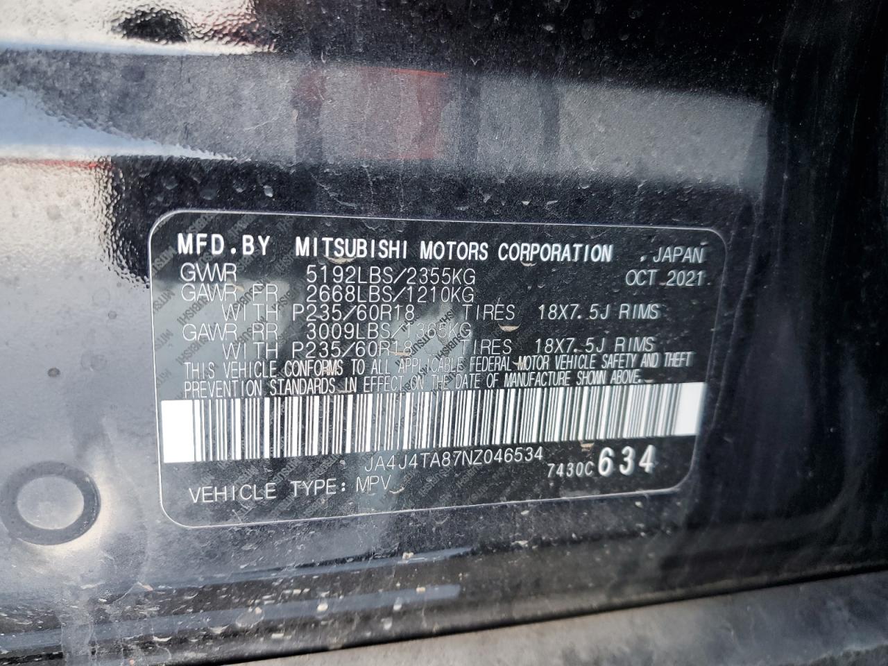 2022 MITSUBISHI OUTLANDER ES VIN:JA4J4TA87NZ046534