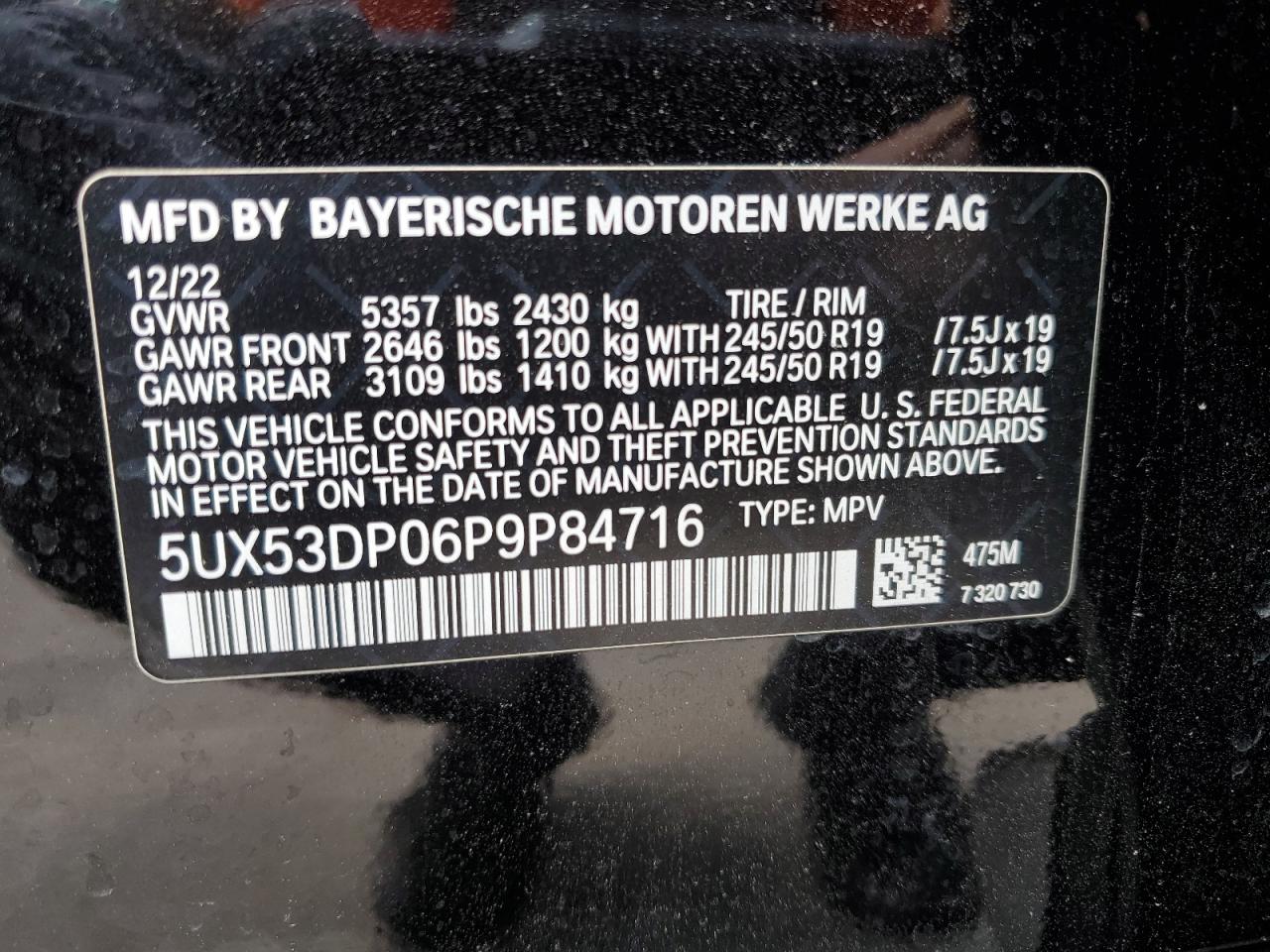 2023 BMW X3 XDRIVE30I VIN:5UX53DP06P9P84716