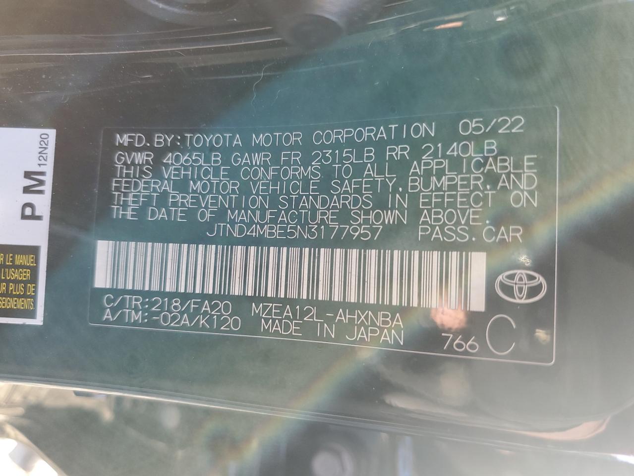 2022 TOYOTA COROLLA SE VIN:JTND4MBE5N3177957