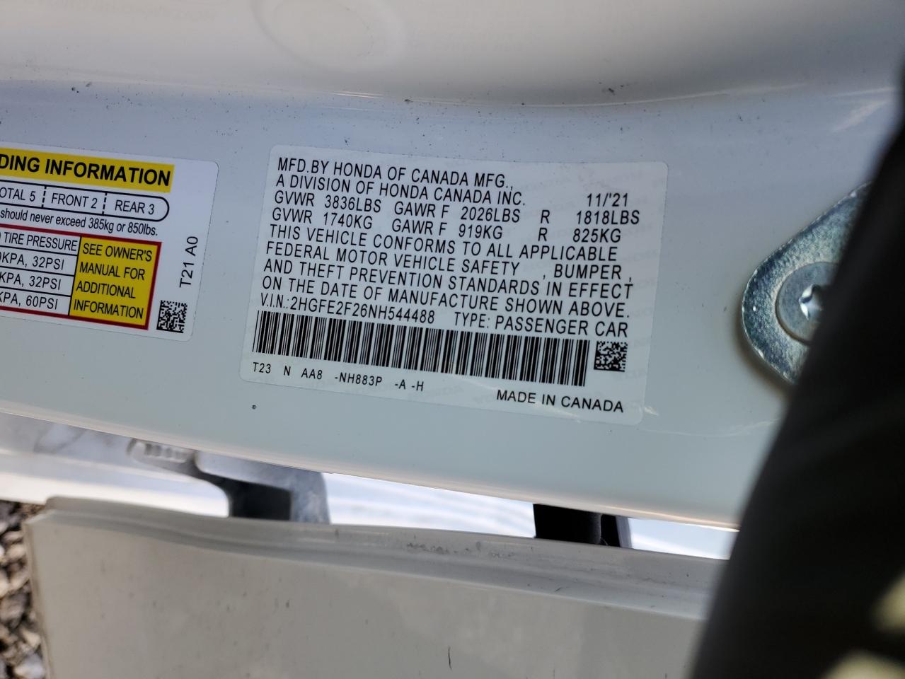 2022 HONDA CIVIC LX VIN:2HGFE2F26NH544488