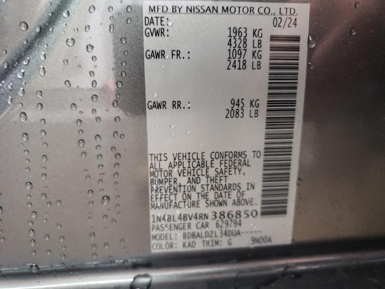 2024 NISSAN ALTIMA S VIN:1N4BL4BV4RN386850