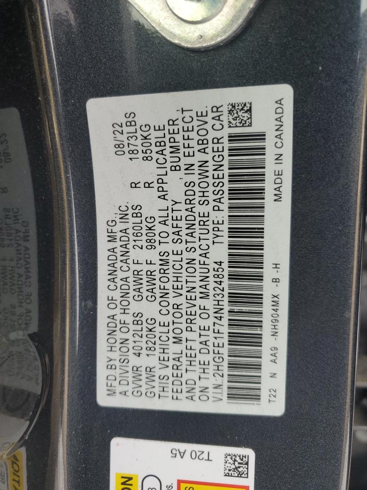 2022 HONDA CIVIC EX VIN:2HGFE1F74NH324854