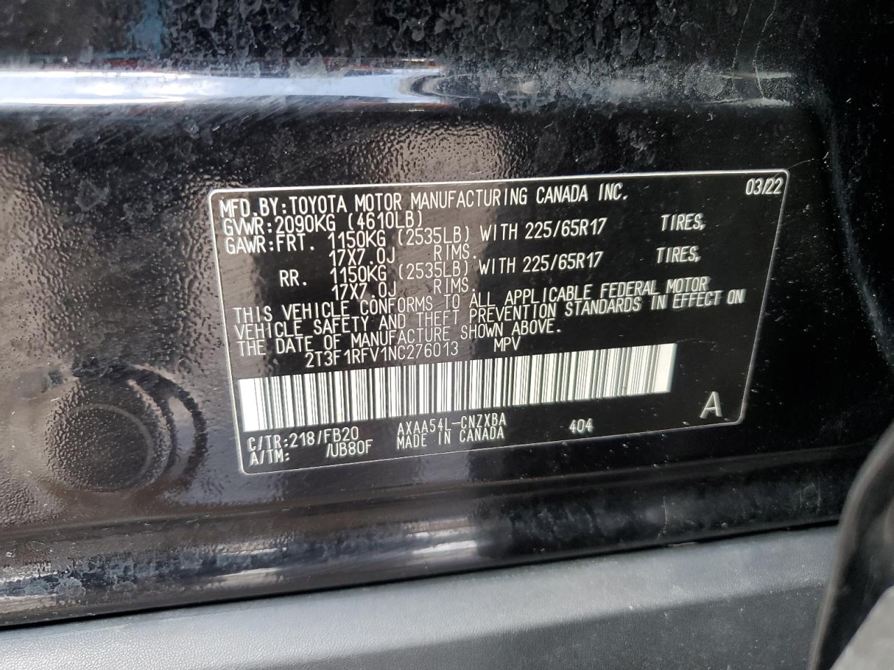 2022 TOYOTA RAV4 LE VIN:2T3F1RFV1NC276013