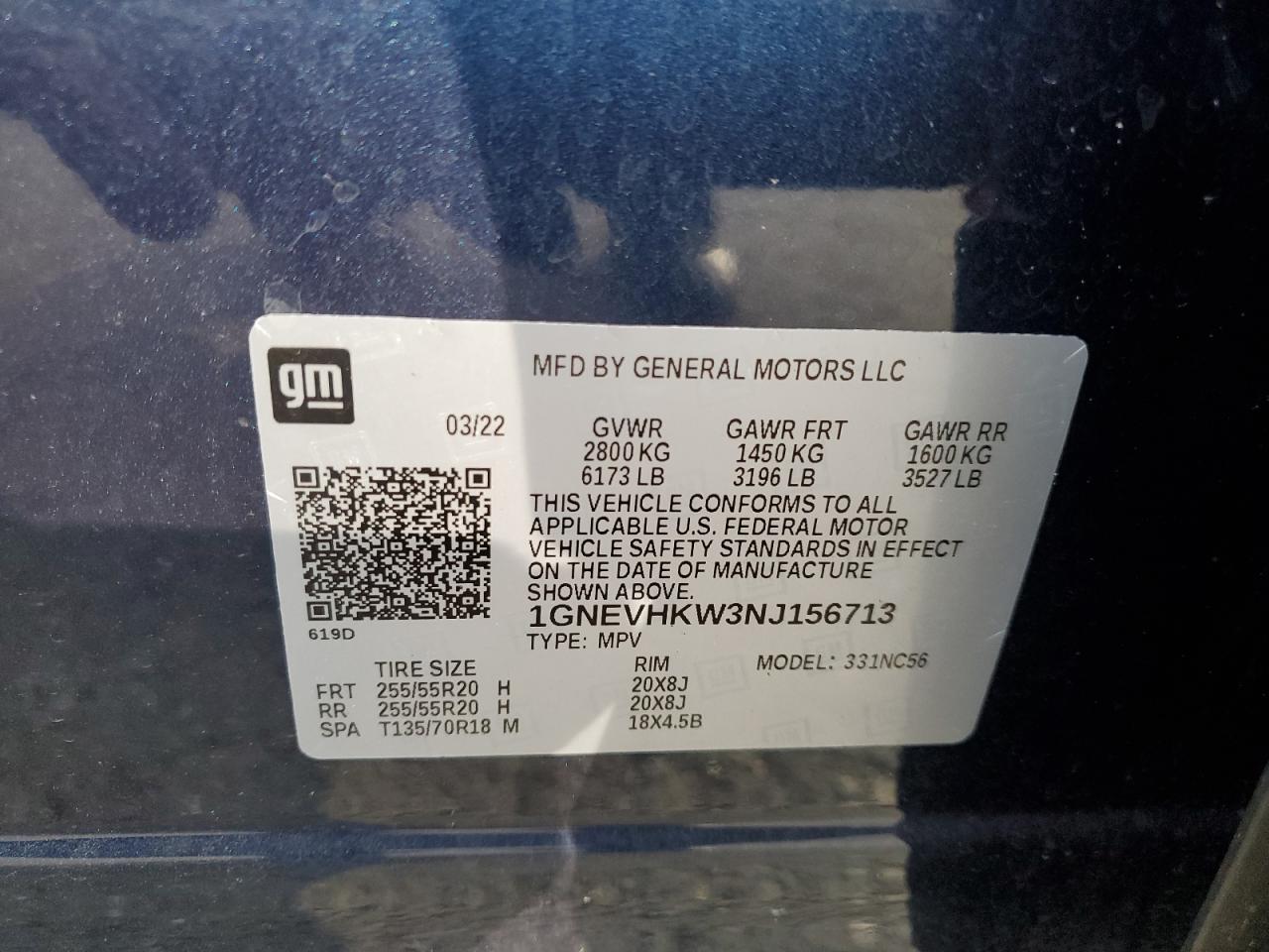 2022 CHEVROLET TRAVERSE LT VIN:1GNEVHKW3NJ156713