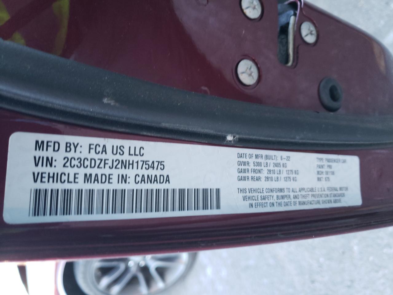 2022 DODGE CHALLENGER R/T SCAT PACK VIN:2C3CDZFJ2NH175475