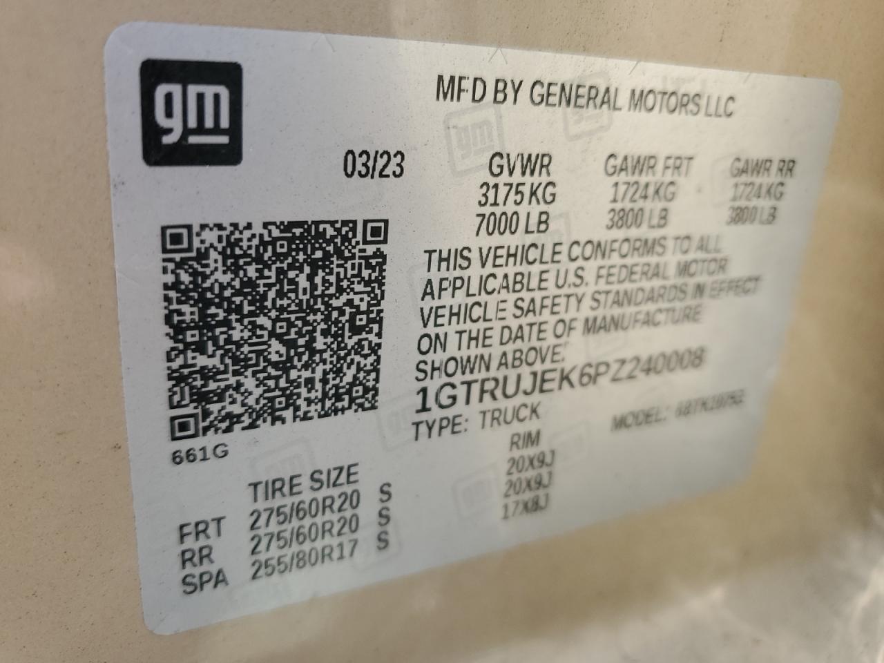 2023 GMC SIERRA K1500 ELEVATION-L VIN:1GTRUJEK6PZ240008