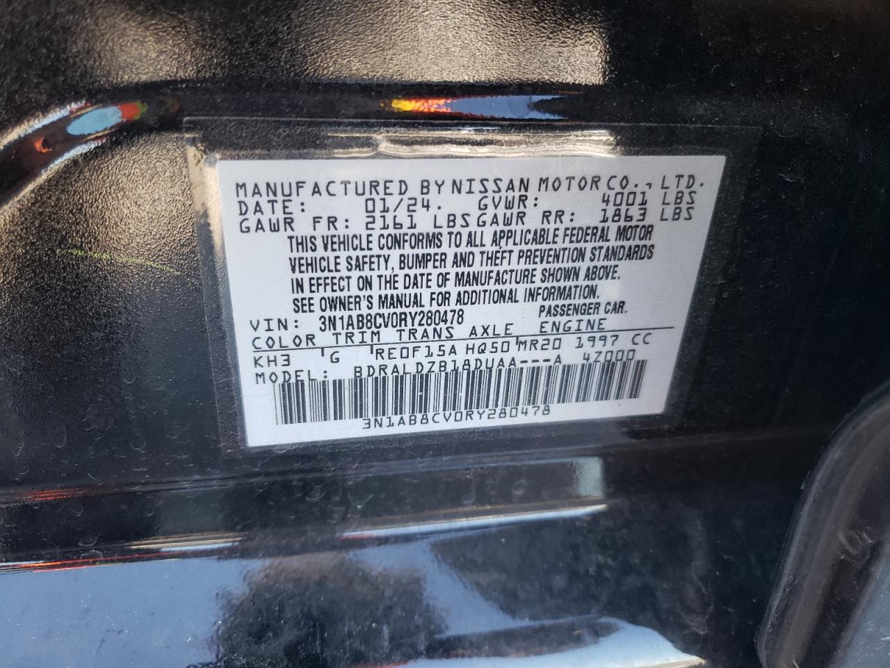 2024 NISSAN SENTRA SV VIN:3N1AB8CV0RY280478