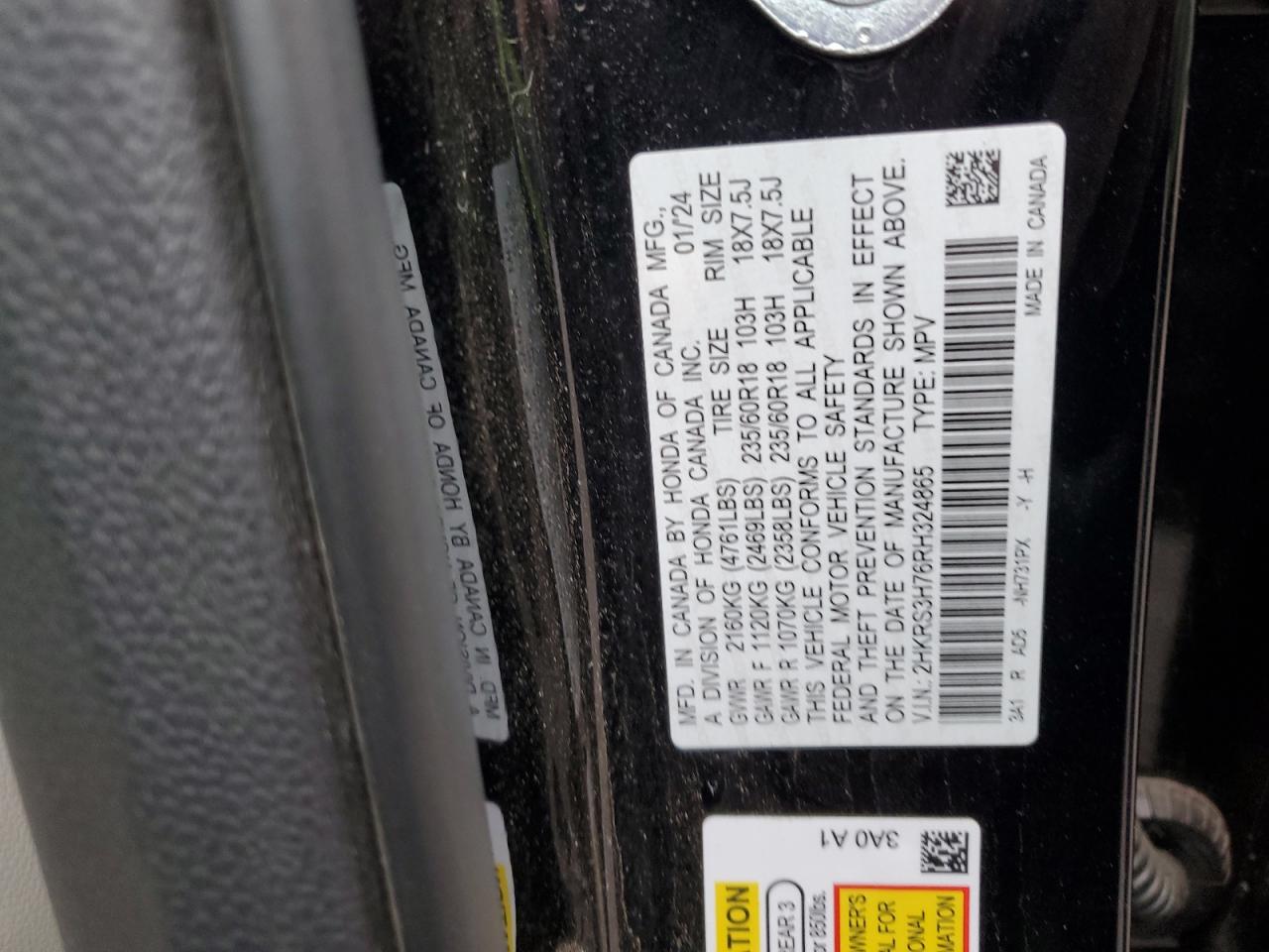 2024 HONDA CR-V EXL VIN:2HKRS3H76RH324865