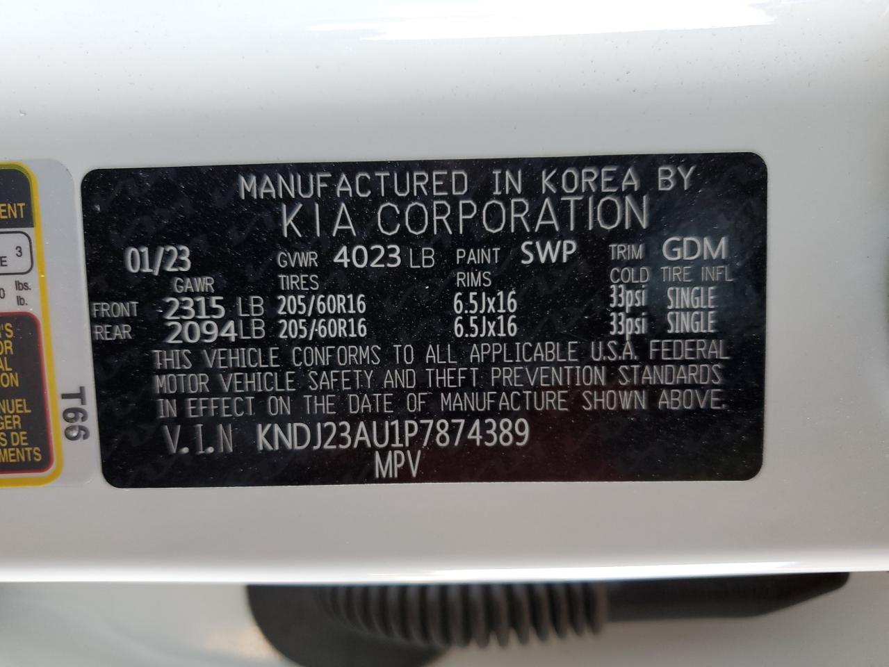 2023 KIA SOUL LX VIN:KNDJ23AU1P7874389