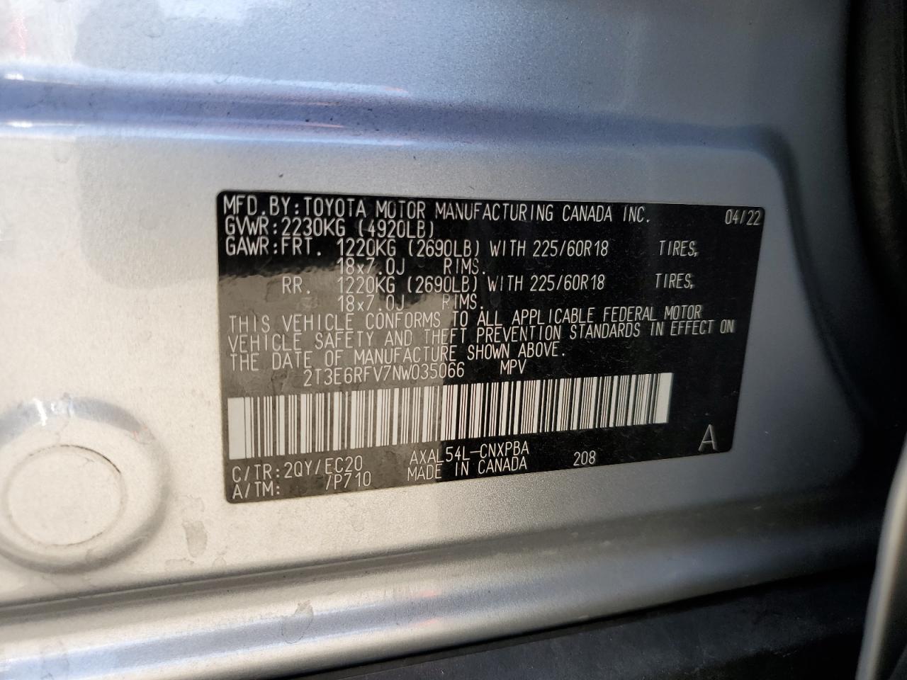 2022 TOYOTA RAV4 XSE VIN:2T3E6RFV7NW035066