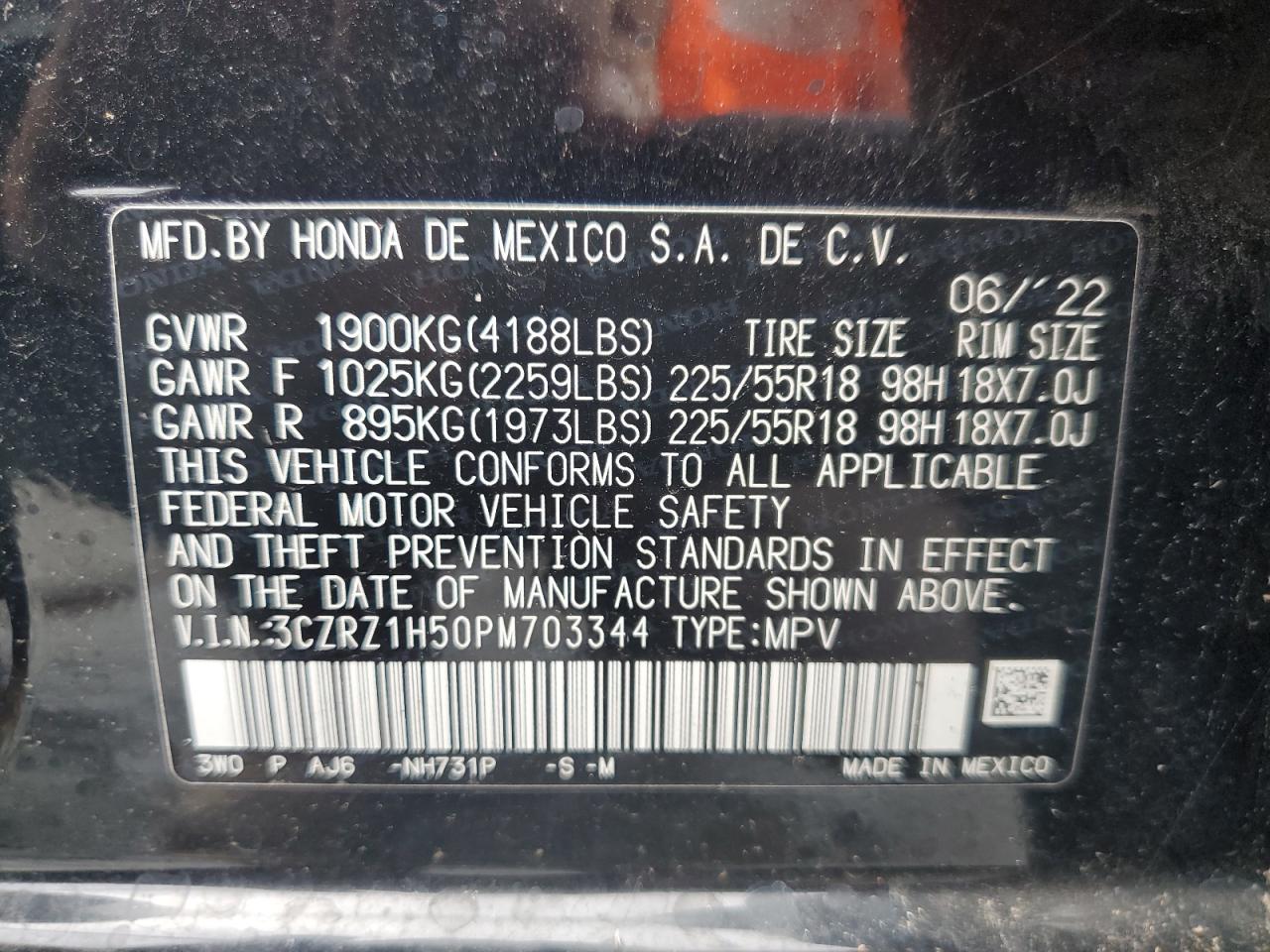 2023 HONDA HR-V SPORT VIN:3CZRZ1H50PM703344