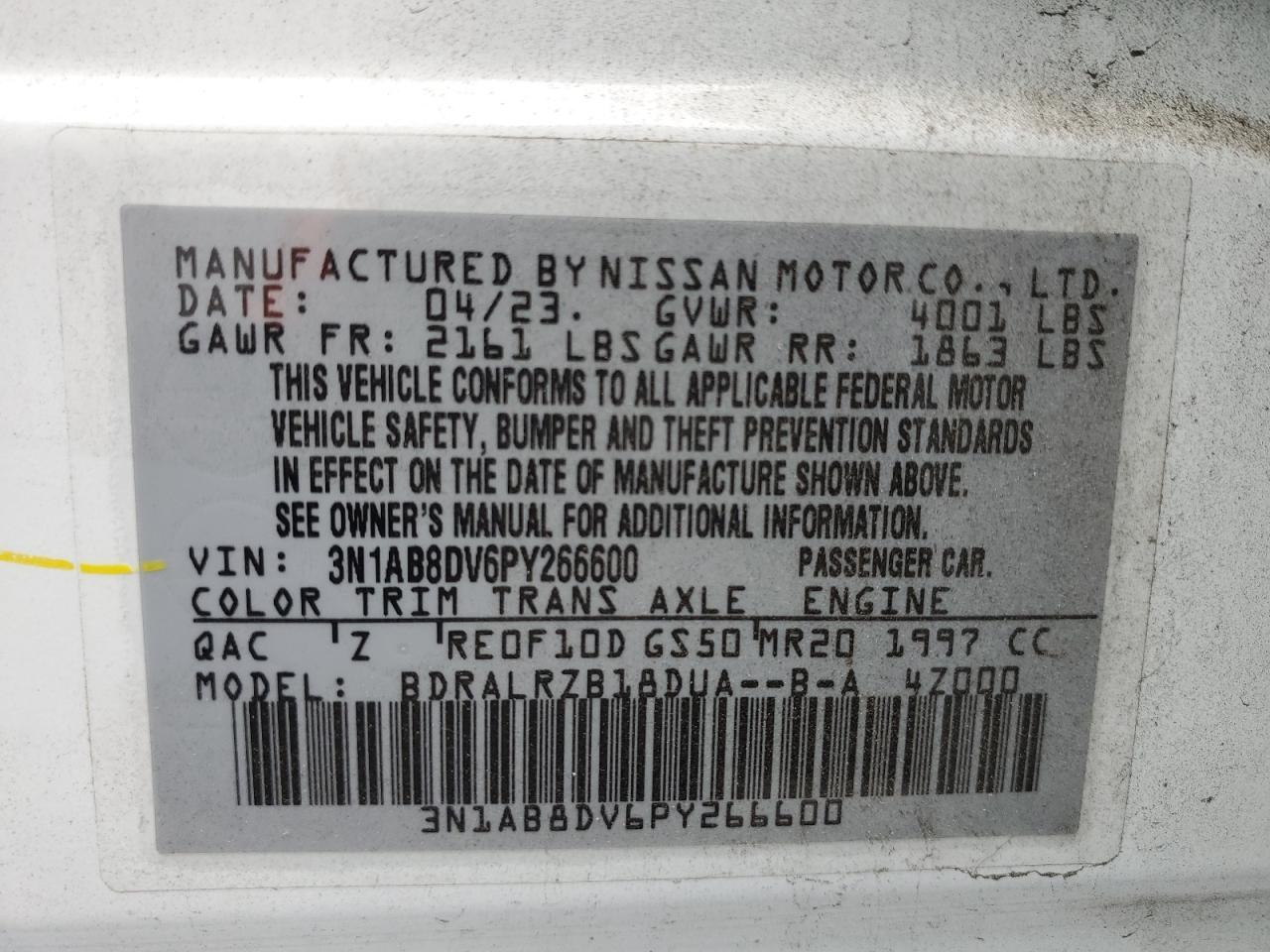 2023 NISSAN SENTRA SR VIN:3N1AB8DV6PY266600