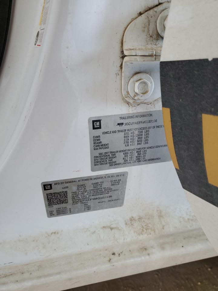 2022 CHEVROLET SILVERADO K1500 VIN:3GCUYAEF5MG187136