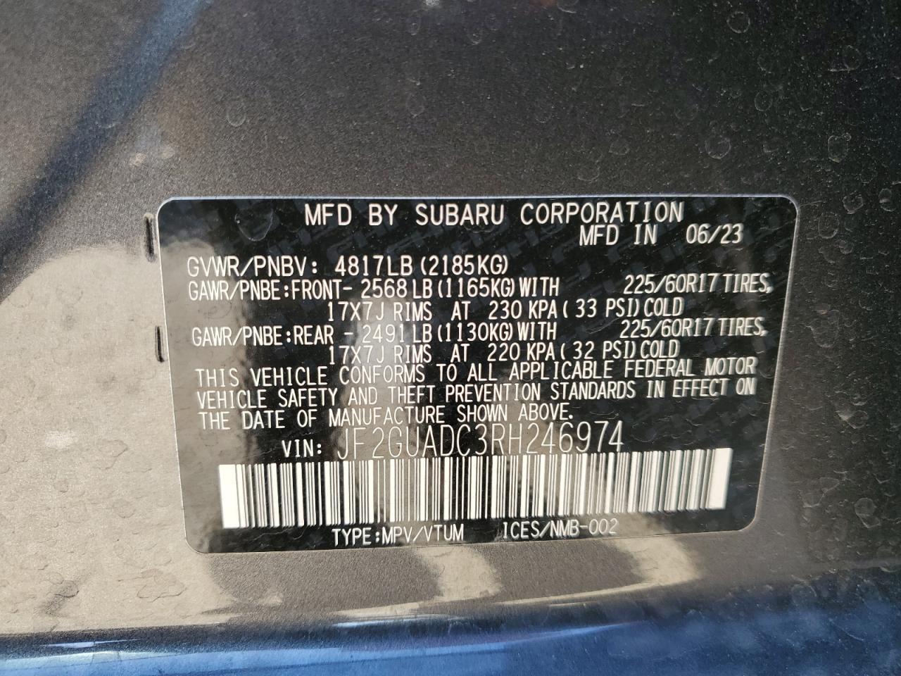 2024 SUBARU CROSSTREK PREMIUM VIN:JF2GUADC3RH246974