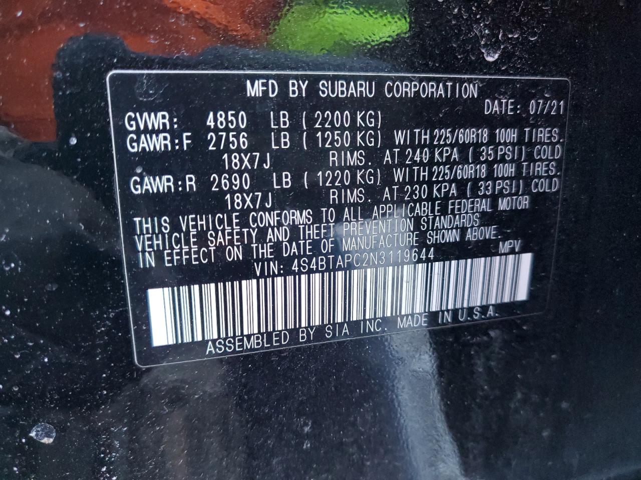 2022 SUBARU OUTBACK TOURING VIN:4S4BTAPC2N3119644