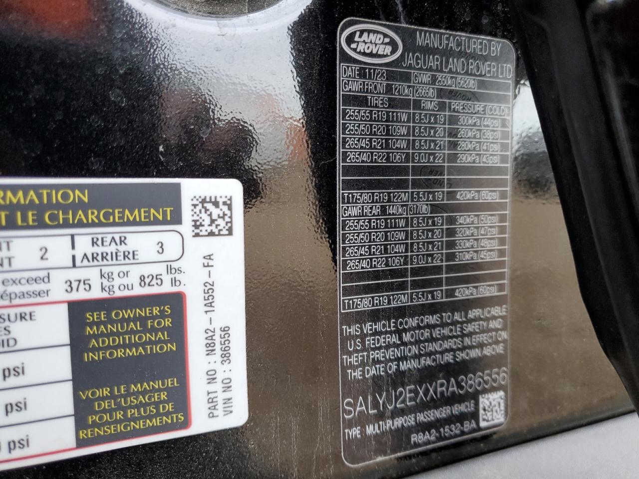 2024 LAND ROVER RANGE ROVER VELAR S VIN:SALYJ2EXXRA386556