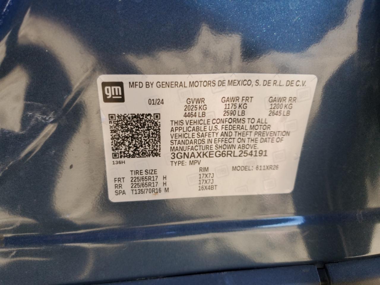 2024 CHEVROLET EQUINOX LT VIN:3GNAXKEG6RL254191