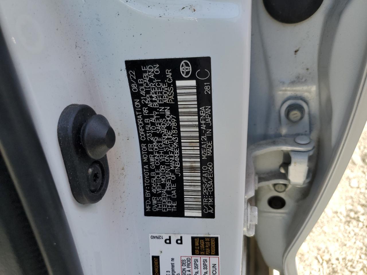 2022 TOYOTA COROLLA SE VIN:JTNB4MBE9N3187897