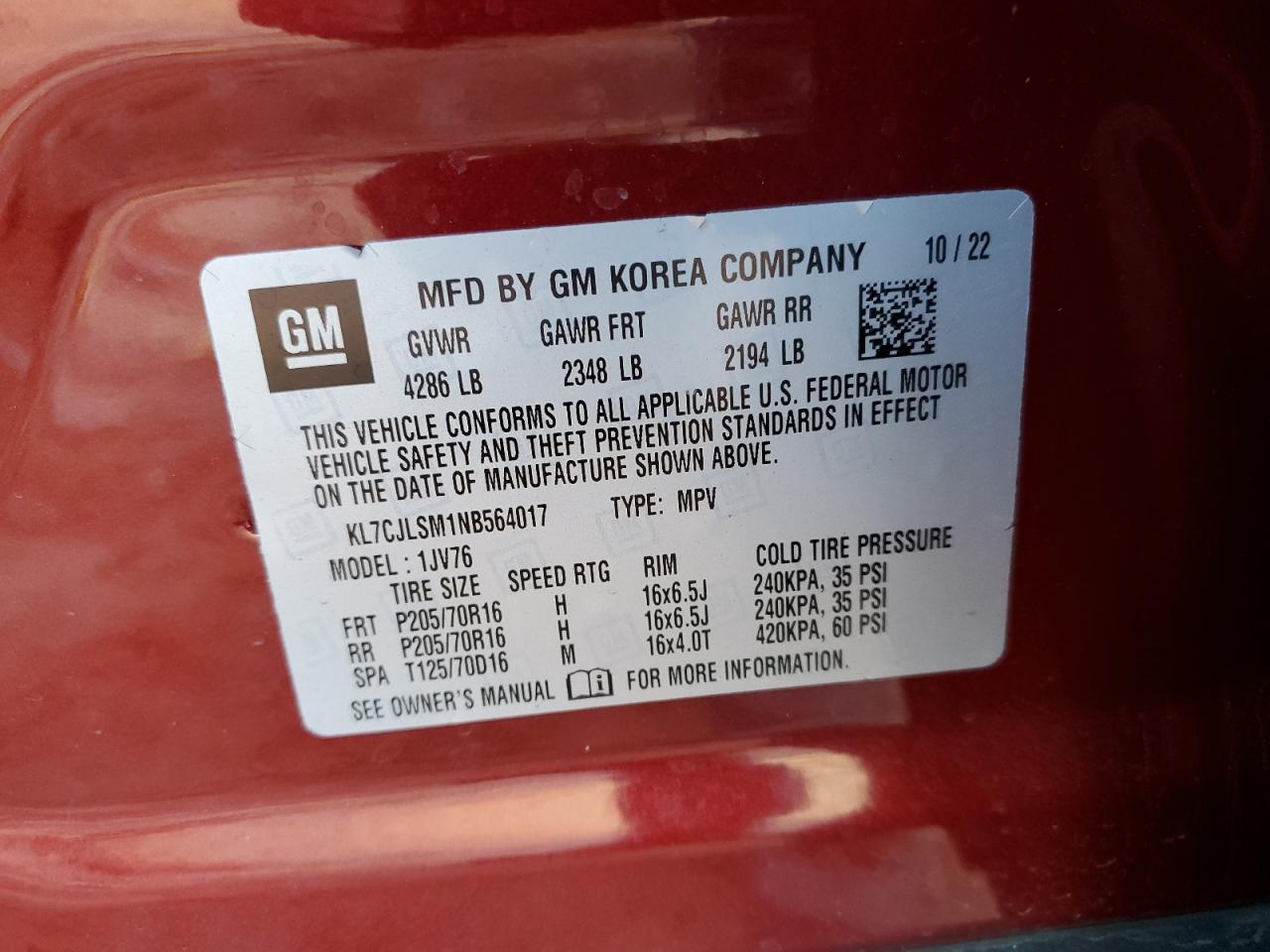 2022 CHEVROLET TRAX 1LT VIN:KL7CJLSM1NB564017