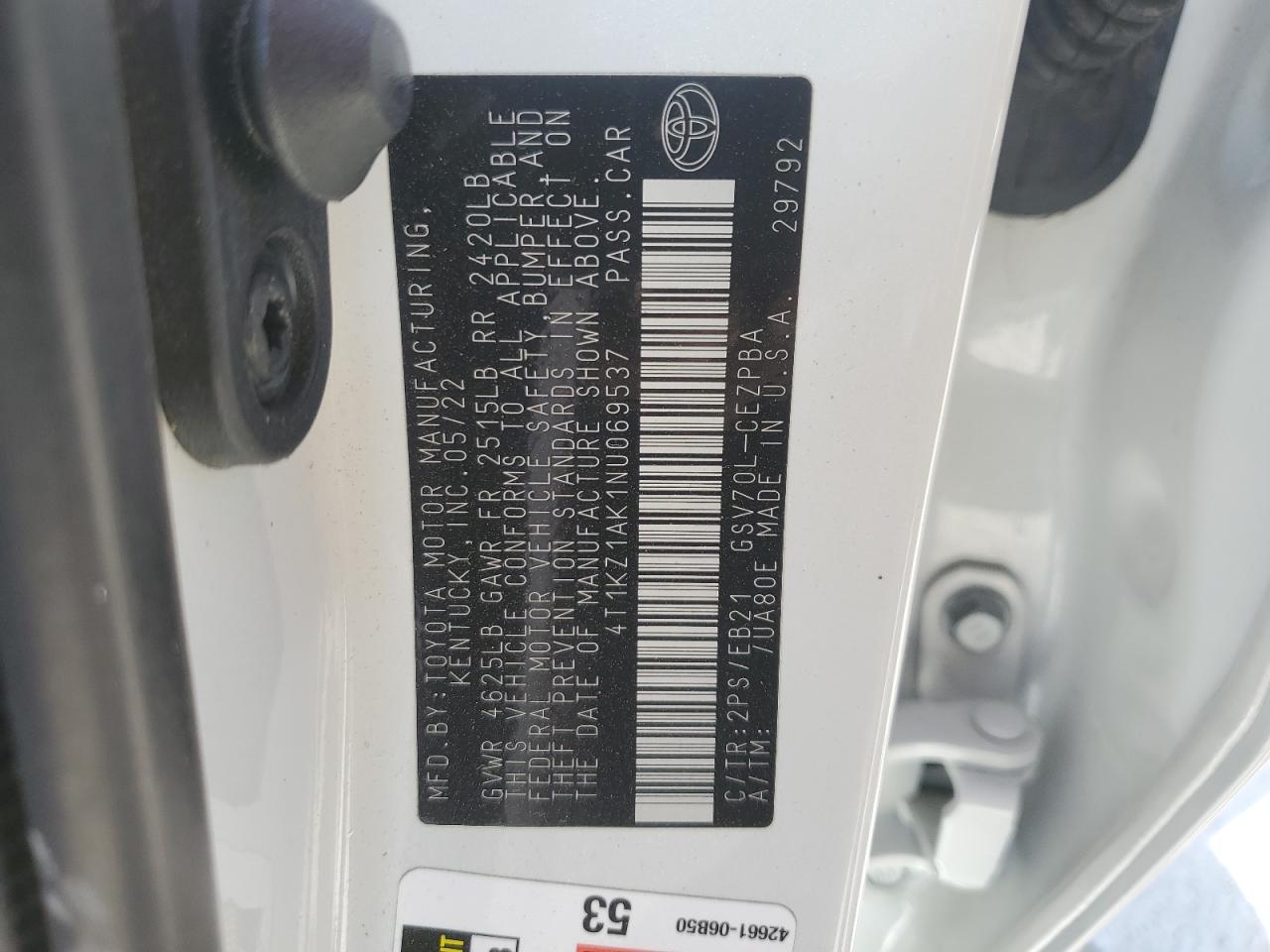 2022 TOYOTA CAMRY TRD VIN:4T1KZ1AK1NU069537