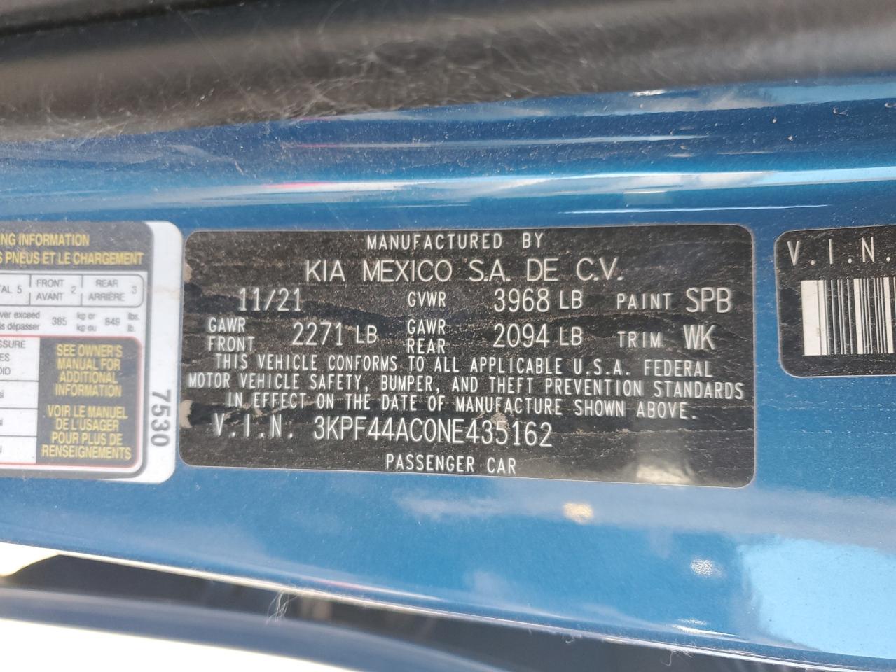 2022 KIA FORTE GT VIN:3KPF44AC0NE435162