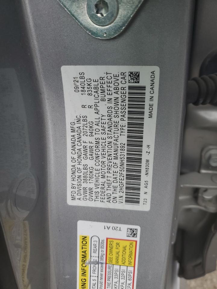 2022 HONDA CIVIC SPORT VIN:2HGFE2F50NH531892