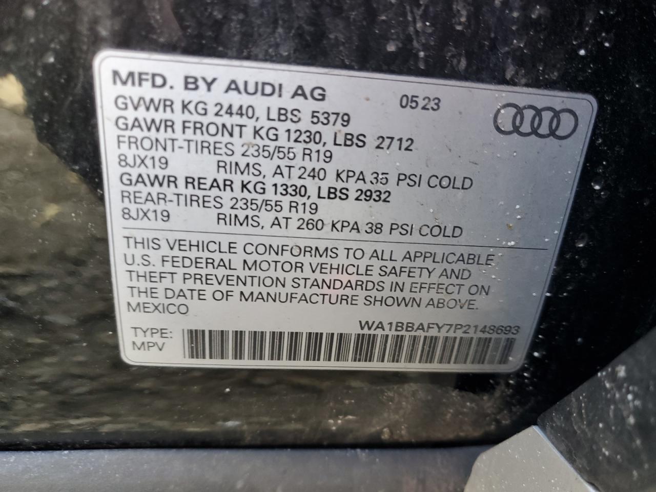 2023 AUDI Q5 PREMIUM PLUS 40 VIN:WA1BBAFY7P2148693