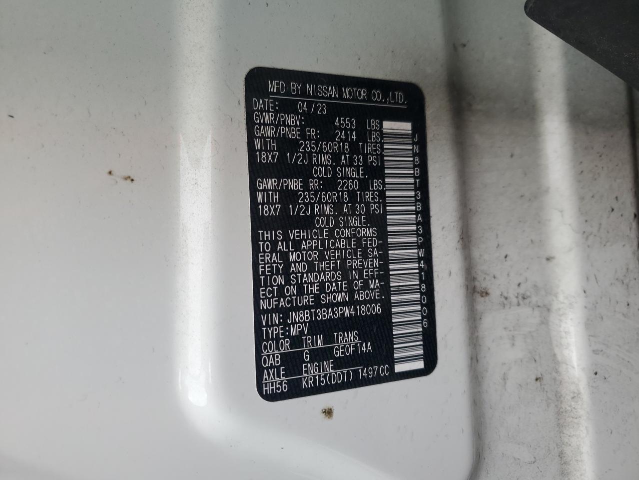 2023 NISSAN ROGUE SV VIN:JN8BT3BA3PW418006