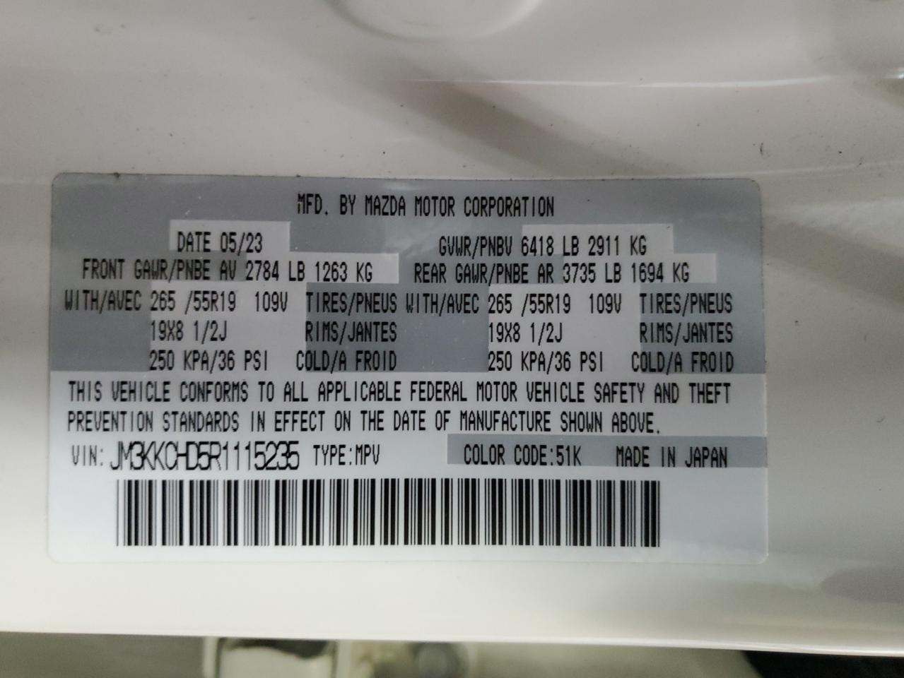 2024 MAZDA CX-90 PREFERRED PLUS VIN:JM3KKCHD5R1115235