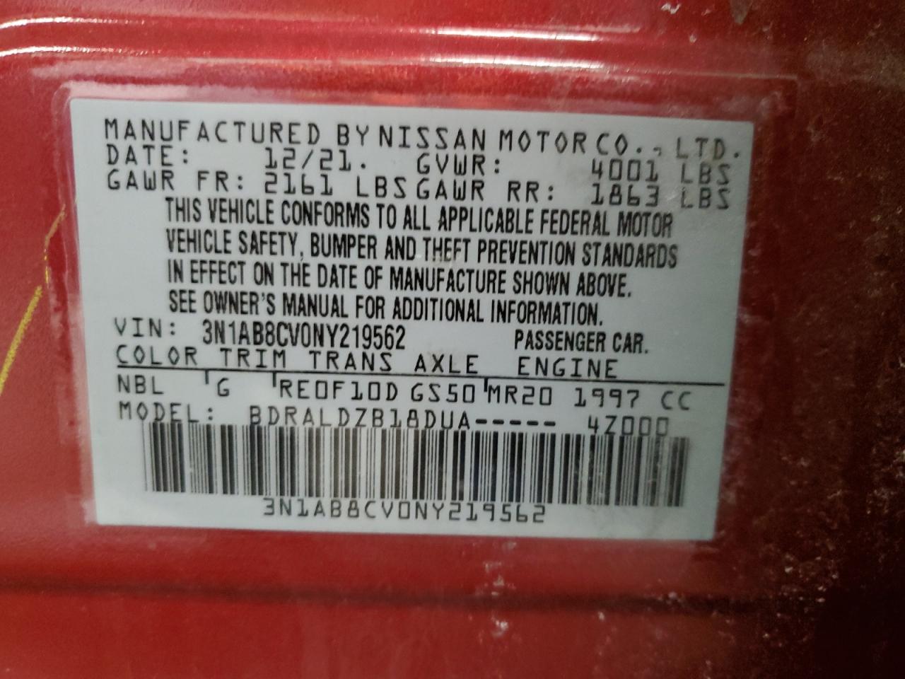 2022 NISSAN SENTRA SV VIN:3N1AB8CV0NY219562