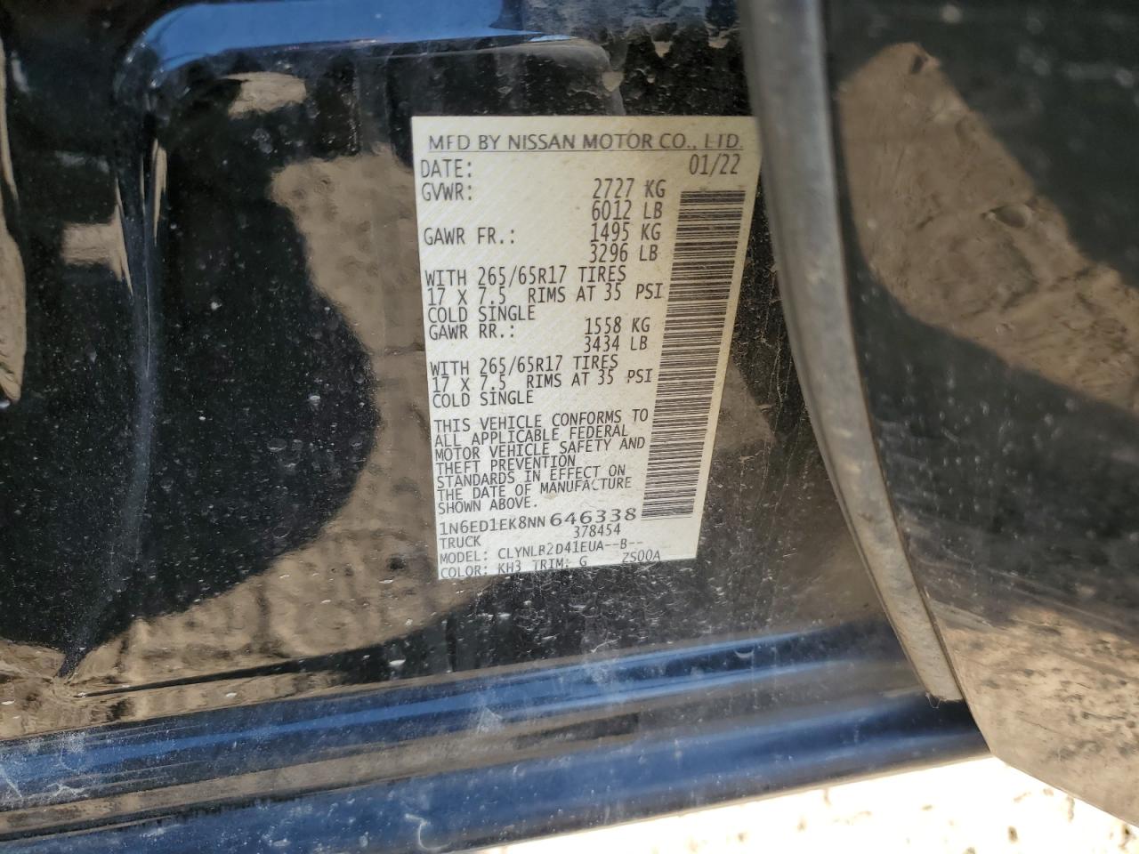 2022 NISSAN FRONTIER S VIN:1N6ED1EK8NN646338