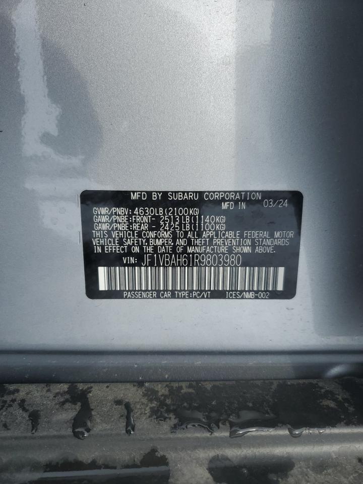 2024 SUBARU WRX PREMIUM VIN:JF1VBAH61R9803980