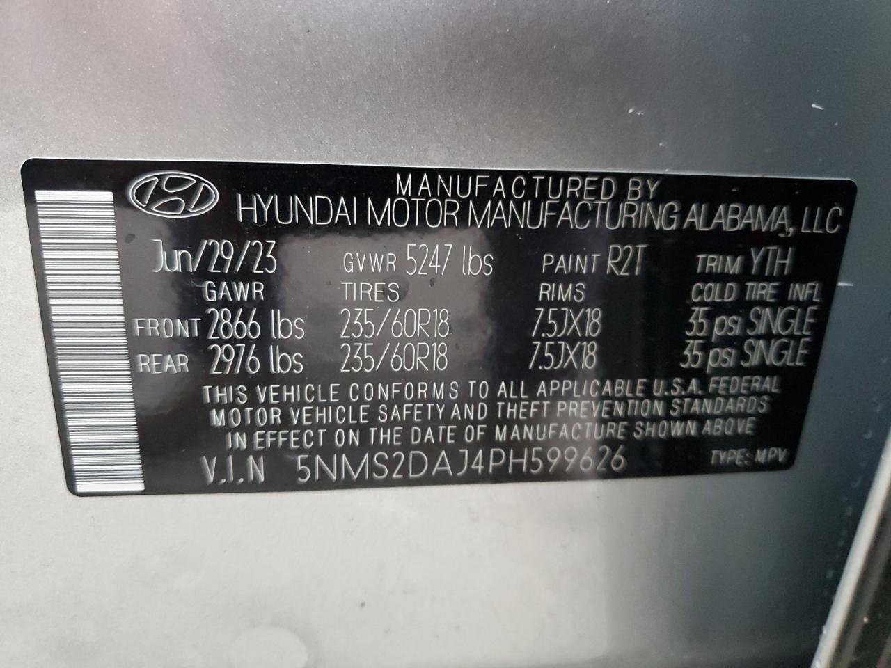 2023 HYUNDAI SANTA FE SEL VIN:5NMS2DAJ4PH599626