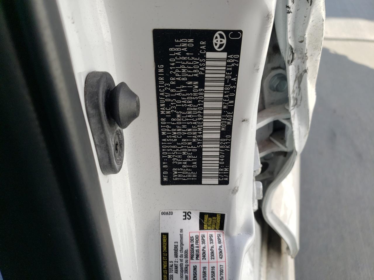 2023 TOYOTA COROLLA LE VIN:5YFB4MDE9PP012089