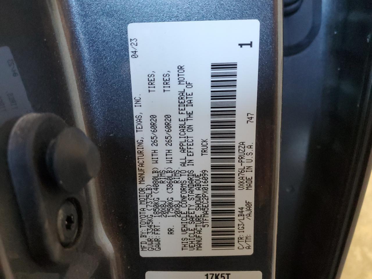 2023 TOYOTA TUNDRA CREWMAX PLATINUM VIN:5TFMA5EC2PX016099