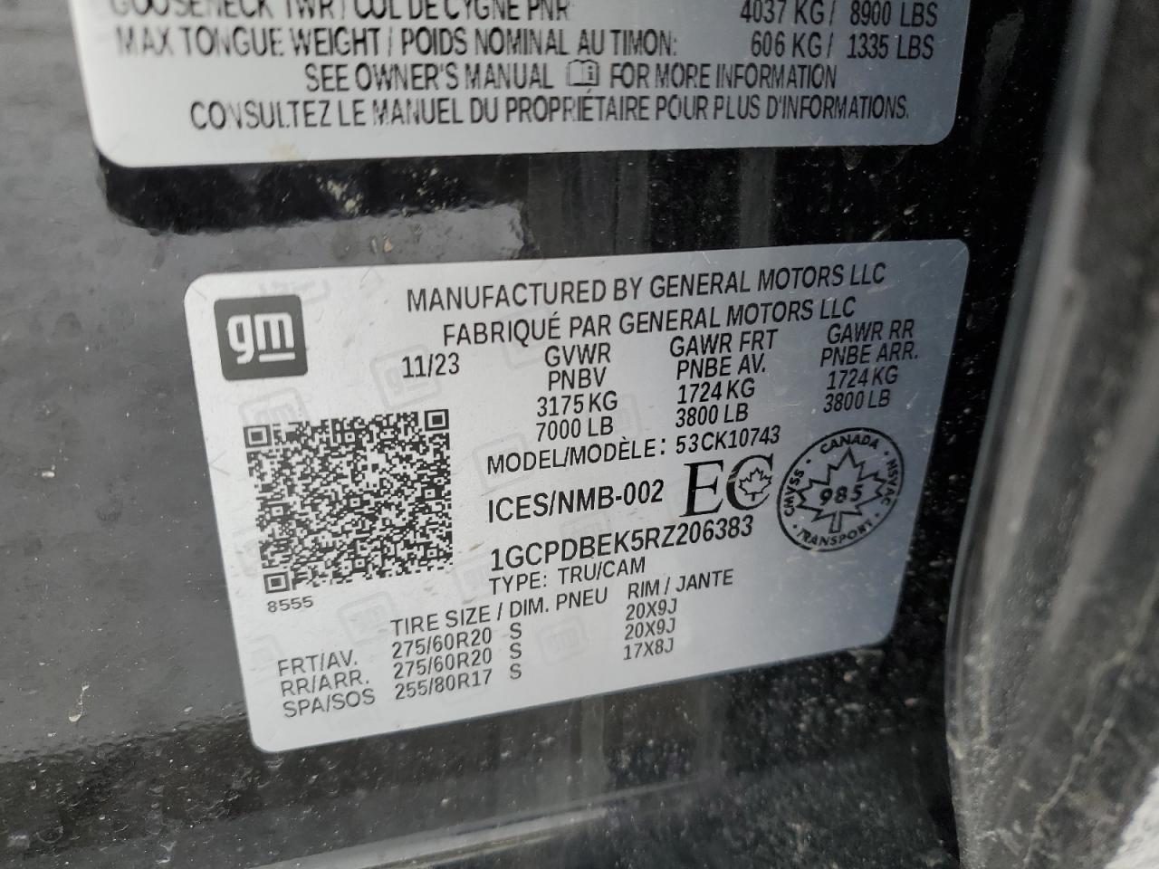 2024 CHEVROLET SILVERADO K1500 CUSTOM VIN:1GCPDBEK5RZ206383