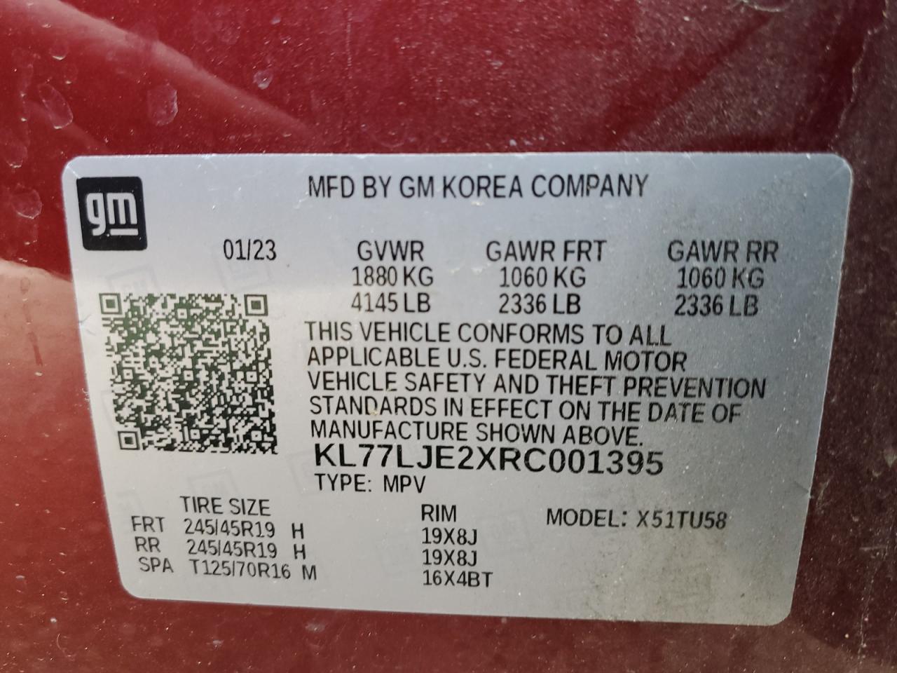 2024 CHEVROLET TRAX 2RS VIN:KL77LJE2XRC001395