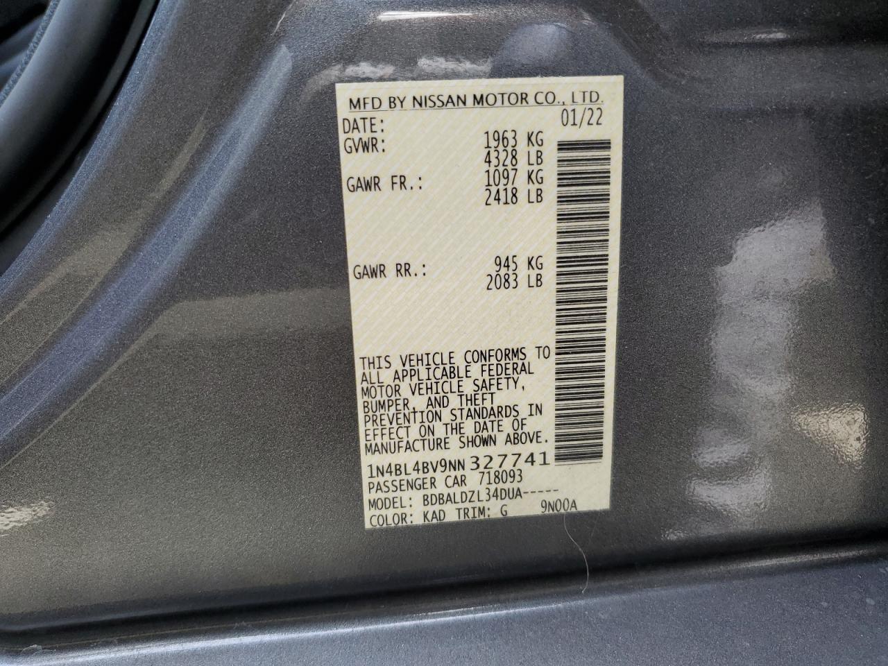 2022 NISSAN ALTIMA S VIN:1N4BL4BV9NN327741