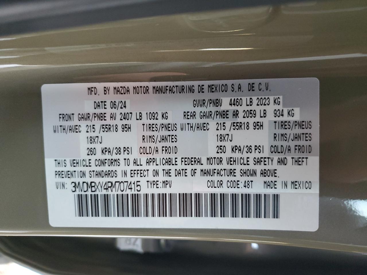 2024 MAZDA CX-30 CARBON TURBO VIN:3MVDMBXY4RM707415