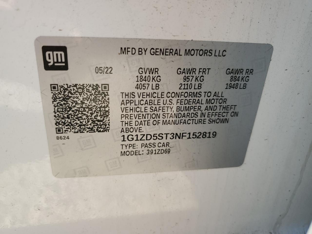 2022 CHEVROLET MALIBU LT VIN:1G1ZD5ST3NF152819