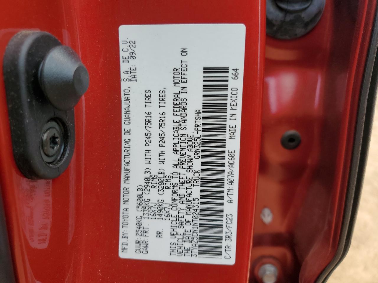 2022 TOYOTA TACOMA DOUBLE CAB VIN:3TYAZ5CN1NT024315