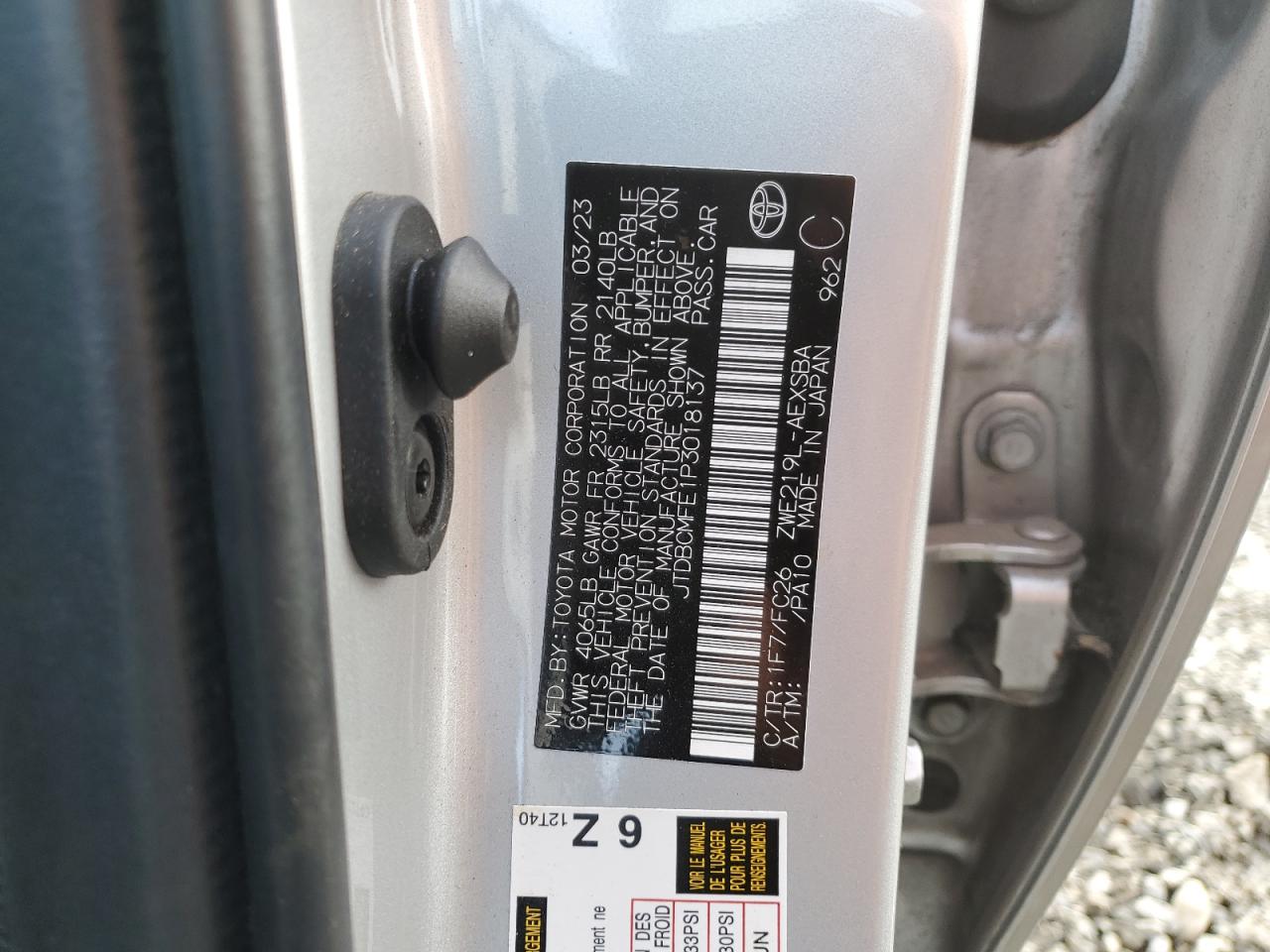2023 TOYOTA COROLLA LE VIN:JTDBCMFE1P3018137