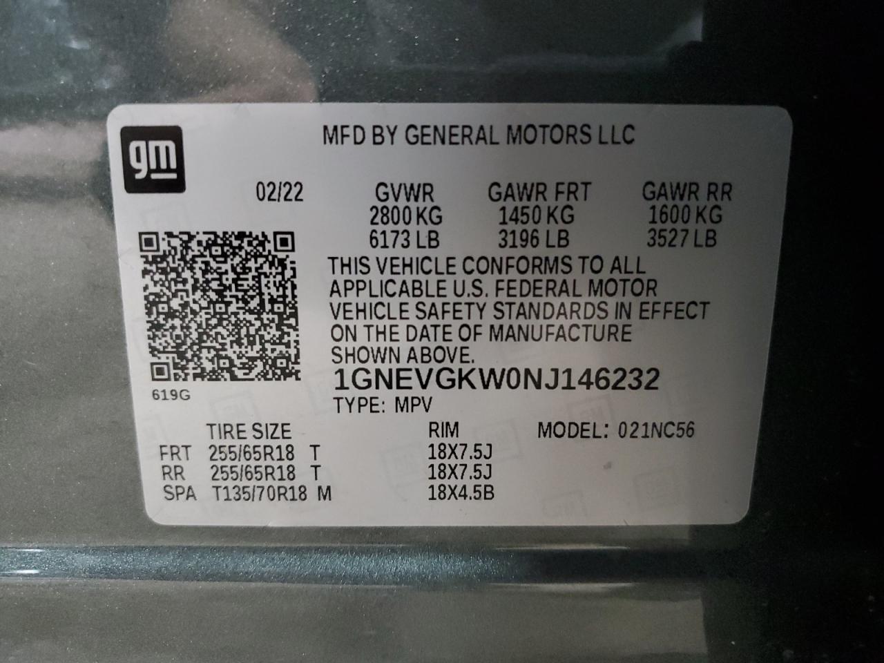 2022 CHEVROLET TRAVERSE LT VIN:1GNEVGKW0NJ146232