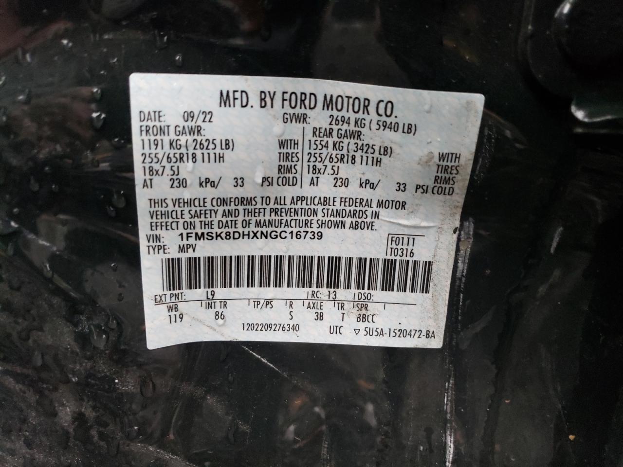 2022 FORD EXPLORER XLT VIN:1FMSK8DHXNGC16739