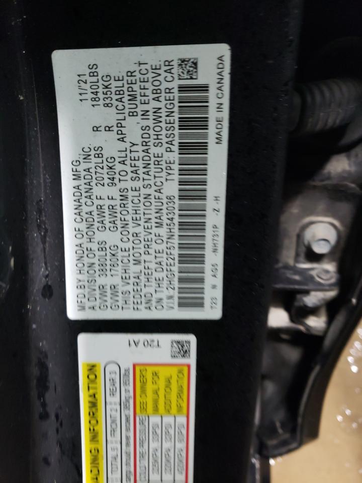 2022 HONDA CIVIC SPORT VIN:2HGFE2F57NH543036