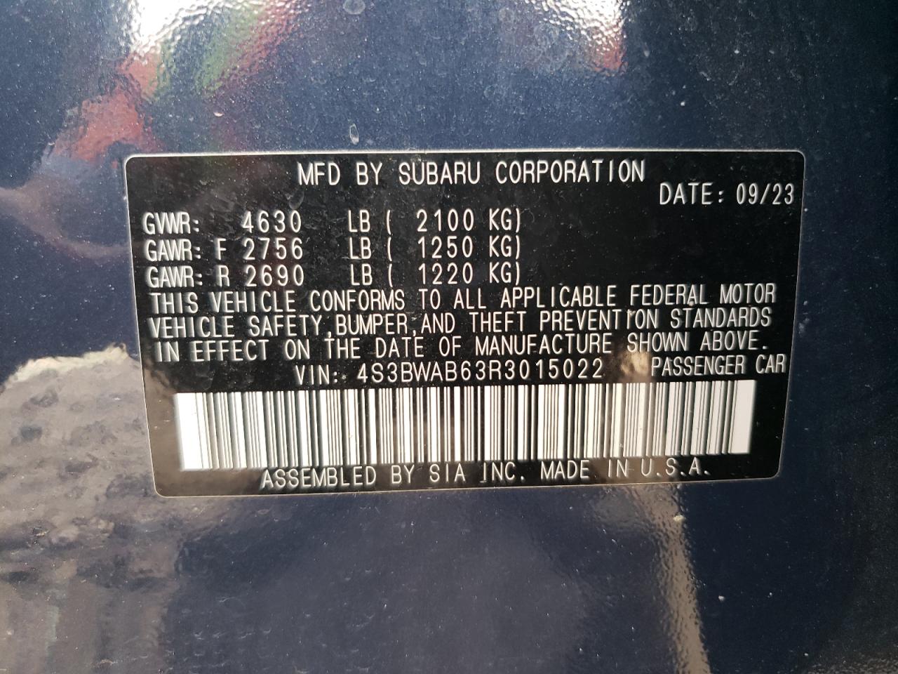 2024 SUBARU LEGACY VIN:4S3BWAB63R3015022